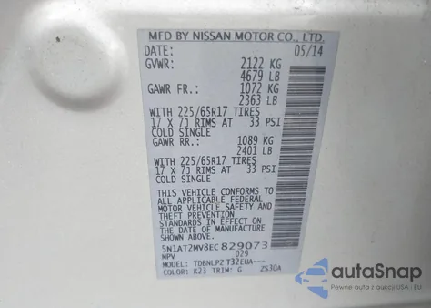 2014 Nissan Rogue S z USA, uszkodzony, nr VIN 5N1AT2MV8EC829073